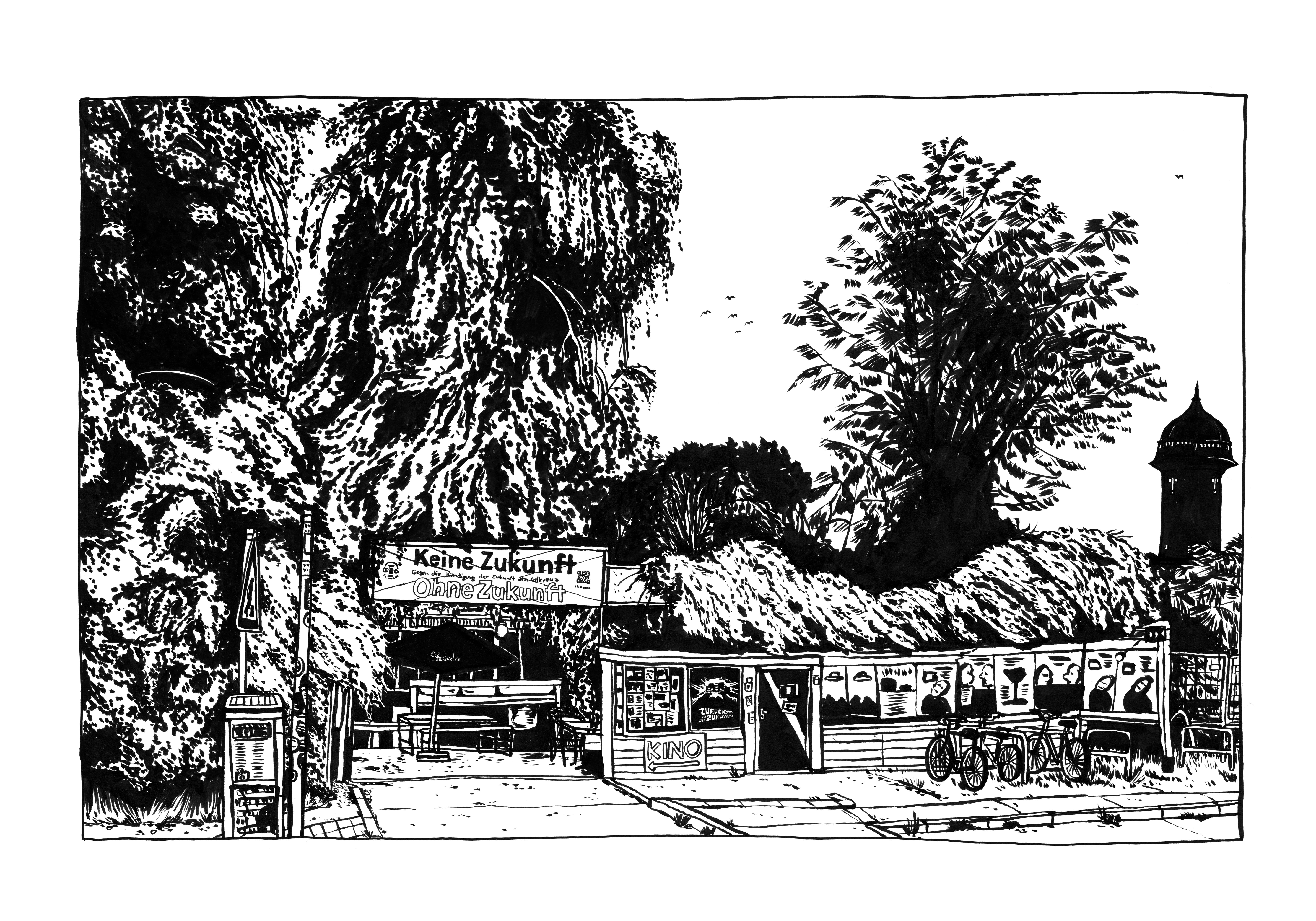 Ink illustration of Zukunft am Ostkreuz, with a 'Keine Zukunft' banner protesting the venue's eviction